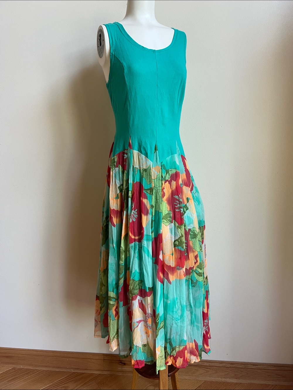 Dalin Turquoise Floral Sleeveless full swing Dress lined